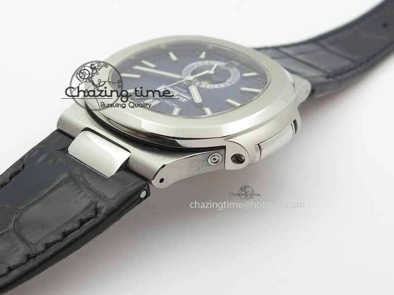 Nautilus 5726 Moonphase SS Blue Textured Dial On Black Leather Strap