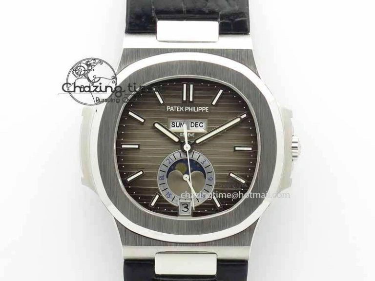 Nautilus 5726 Moonphase SS Gray Textured Dial On Black Leather Strap