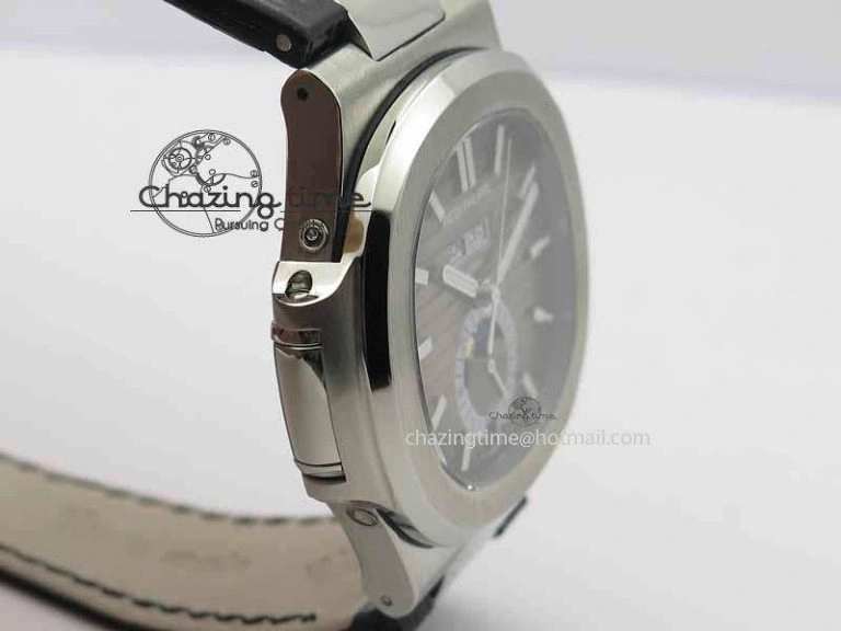 Nautilus 5726 Moonphase SS Gray Textured Dial On Black Leather Strap
