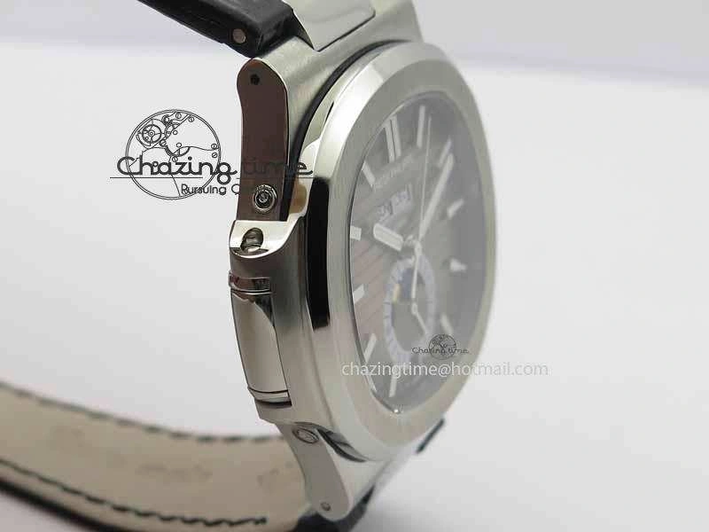 Nautilus 5726 Moonphase SS Gray Textured Dial On Black Leather Strap