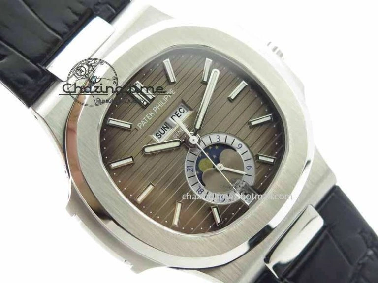 Nautilus 5726 Moonphase SS Gray Textured Dial On Black Leather Strap