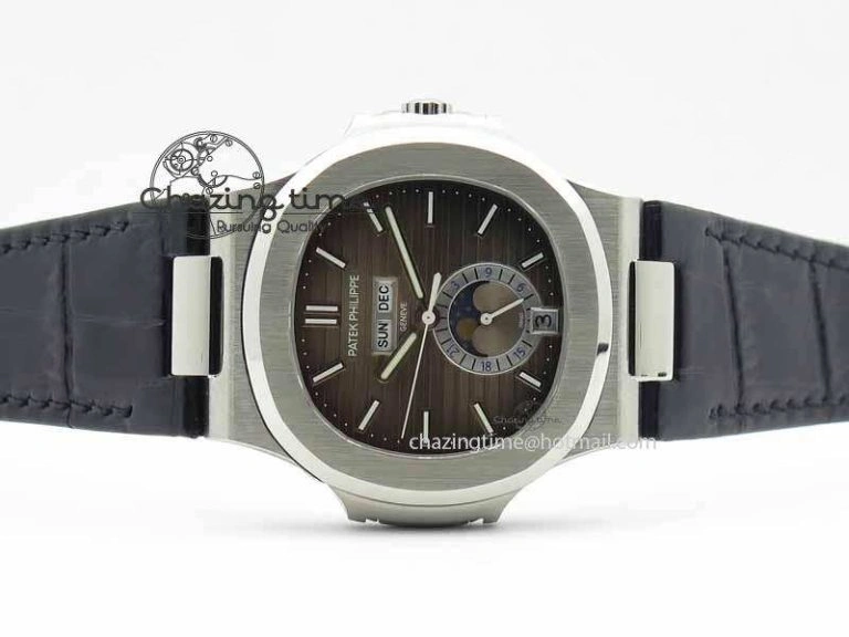 Nautilus 5726 Moonphase SS Gray Textured Dial On Black Leather Strap