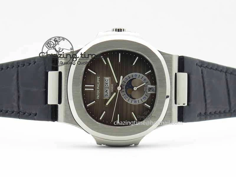 Nautilus 5726 Moonphase SS Gray Textured Dial On Black Leather Strap