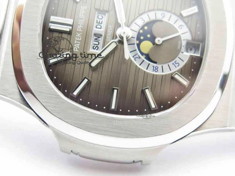 Nautilus 5726 Moonphase SS Gray Textured Dial On Black Leather Strap