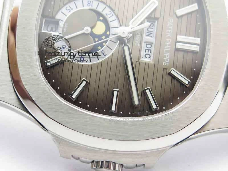 Nautilus 5726 Moonphase SS Gray Textured Dial On Black Leather Strap