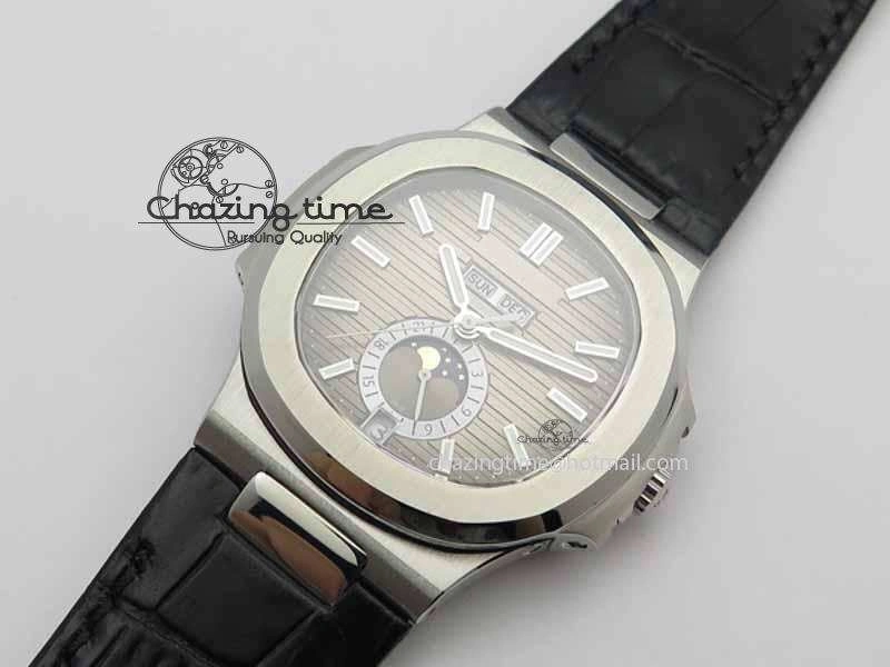 Nautilus 5726 Moonphase SS Gray Textured Dial On Black Leather Strap