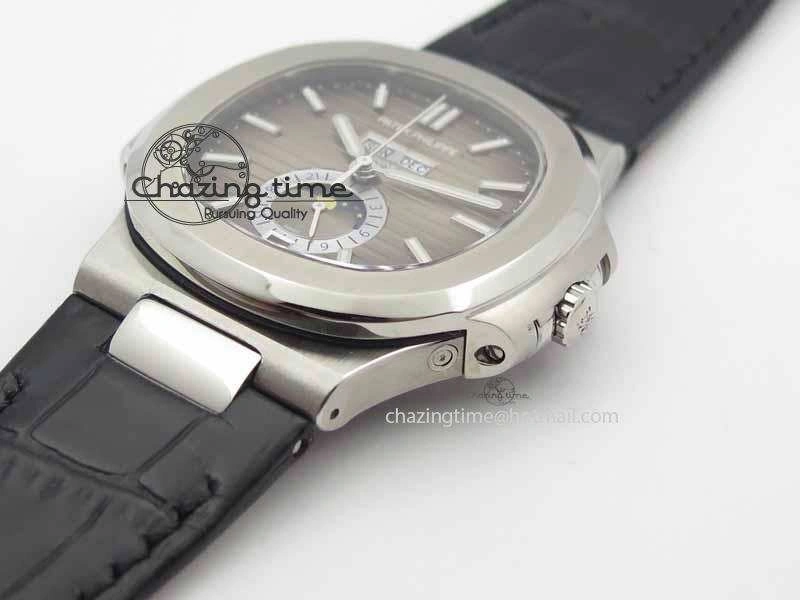 Nautilus 5726 Moonphase SS Gray Textured Dial On Black Leather Strap
