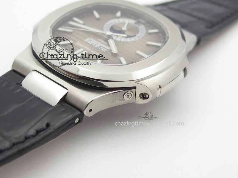 Nautilus 5726 Moonphase SS Gray Textured Dial On Black Leather Strap