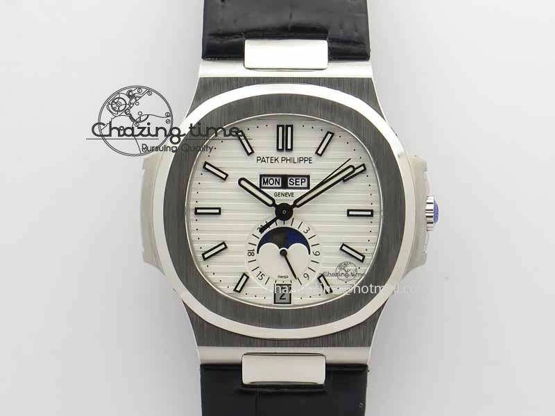 Nautilus 5726 Moonphase SS White Textured Dial On Black Leather Strap