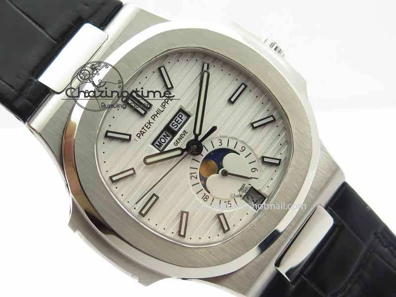 Nautilus 5726 Moonphase SS White Textured Dial On Black Leather Strap