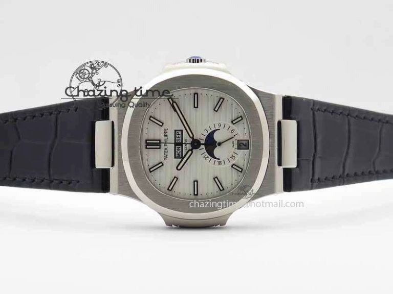 Nautilus 5726 Moonphase SS White Textured Dial On Black Leather Strap