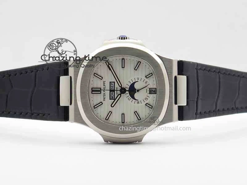 Nautilus 5726 Moonphase SS White Textured Dial On Black Leather Strap