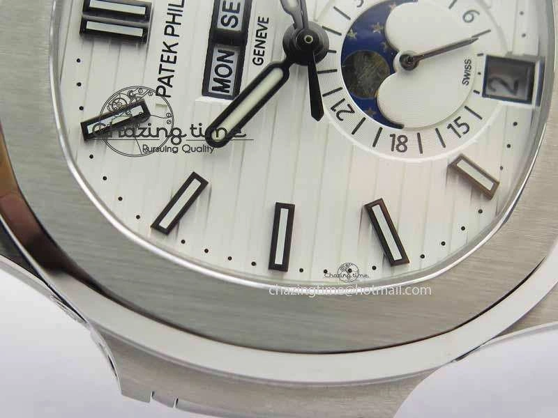 Nautilus 5726 Moonphase SS White Textured Dial On Black Leather Strap