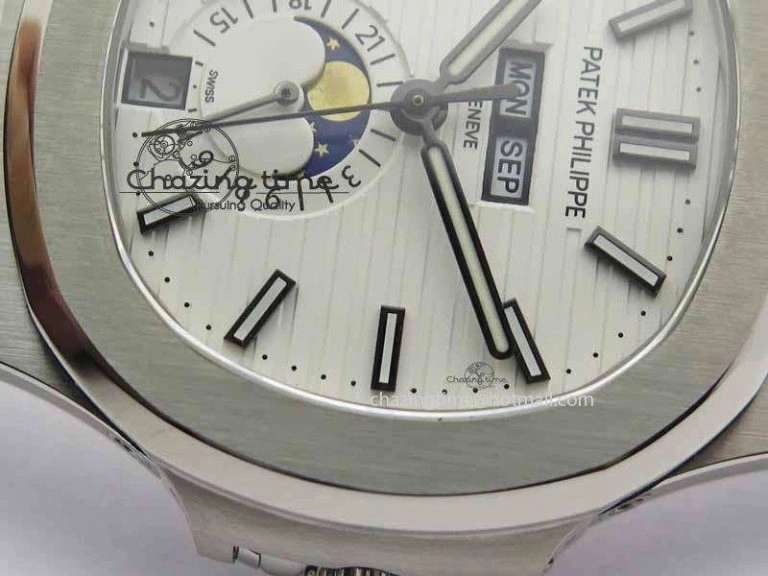 Nautilus 5726 Moonphase SS White Textured Dial On Black Leather Strap