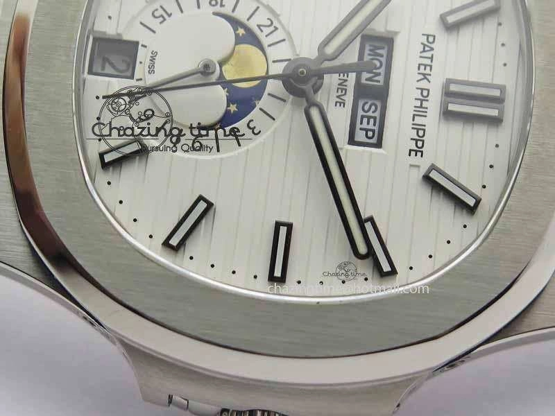 Nautilus 5726 Moonphase SS White Textured Dial On Black Leather Strap