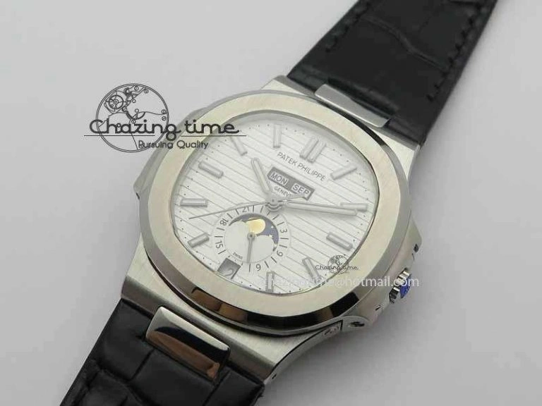 Nautilus 5726 Moonphase SS White Textured Dial On Black Leather Strap