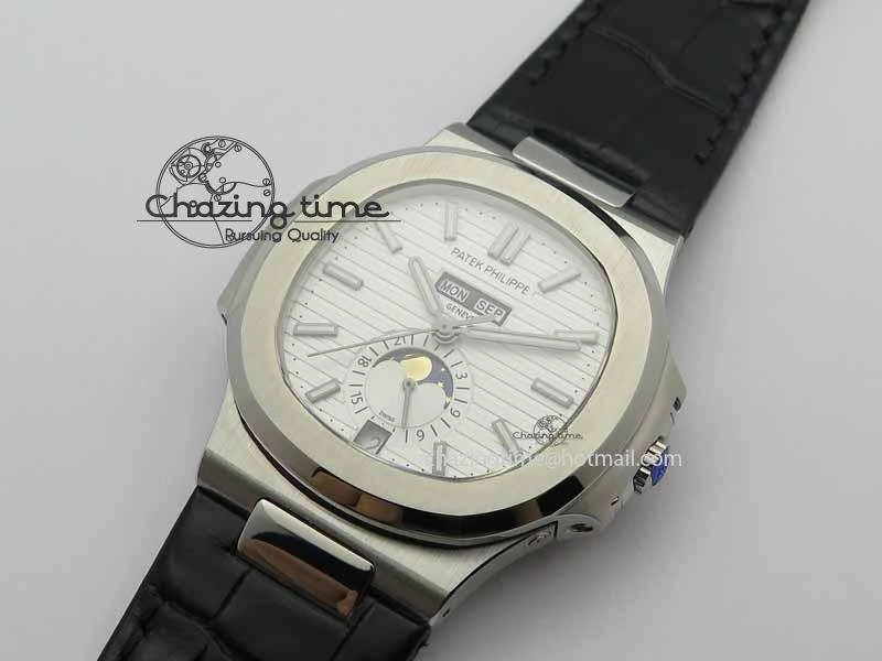 Nautilus 5726 Moonphase SS White Textured Dial On Black Leather Strap