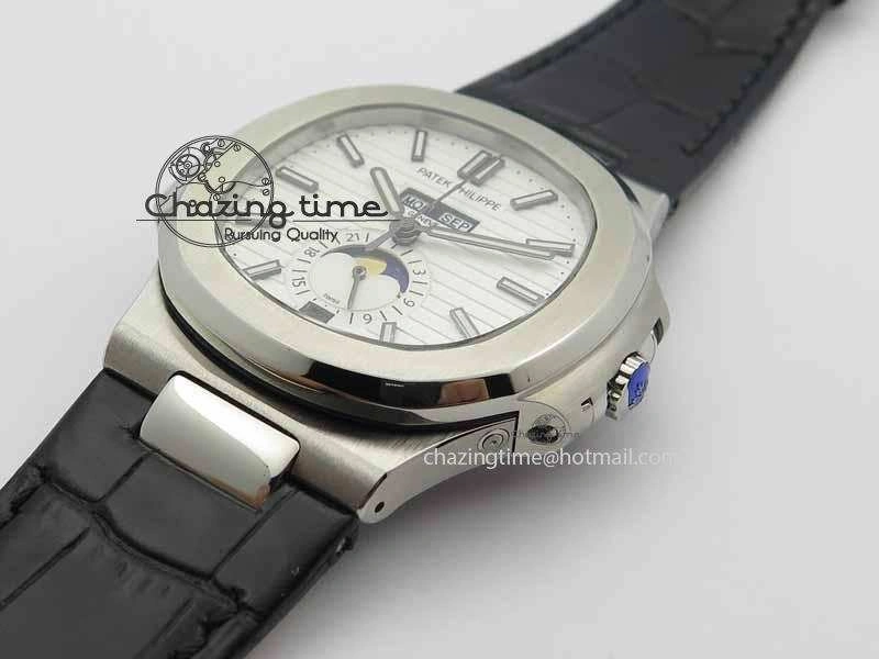 Nautilus 5726 Moonphase SS White Textured Dial On Black Leather Strap