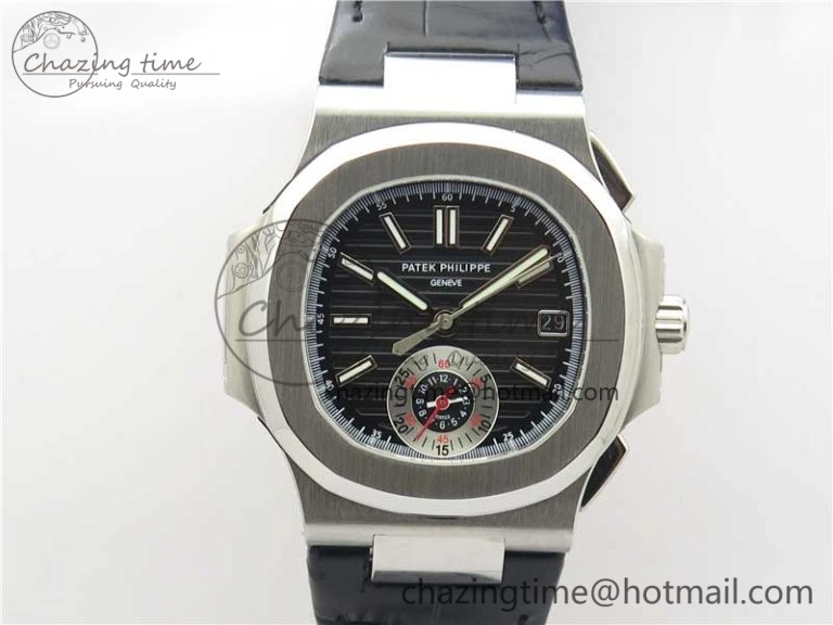 Nautilus 5980 SS 3KF Best Edition Black Dial on Black Leather Strap A7750