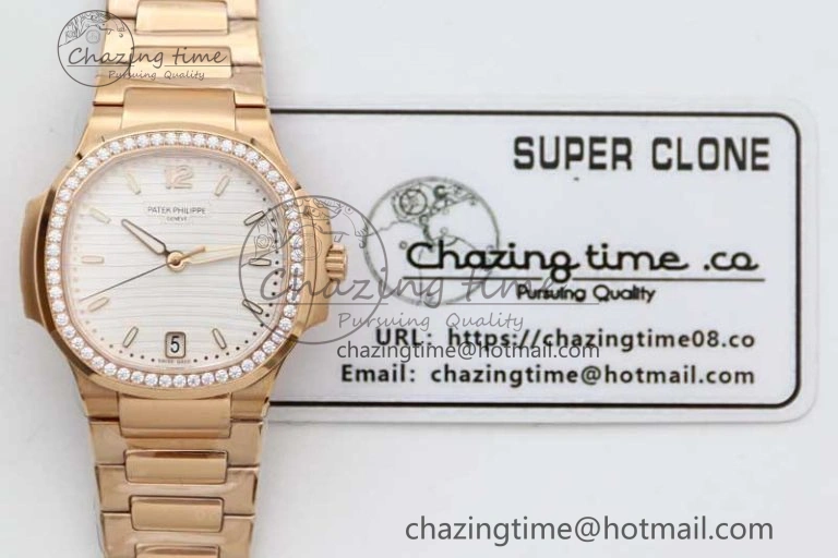 Nautilus 7118 Ladies RG MSF 1:1 Best Edition White Dial Diamonds Bezel on RG Bracelet A324 Super Clone