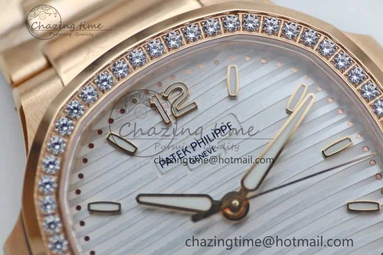 Nautilus 7118 Ladies RG MSF 1:1 Best Edition White Dial Diamonds Bezel on RG Bracelet A324 Super Clone