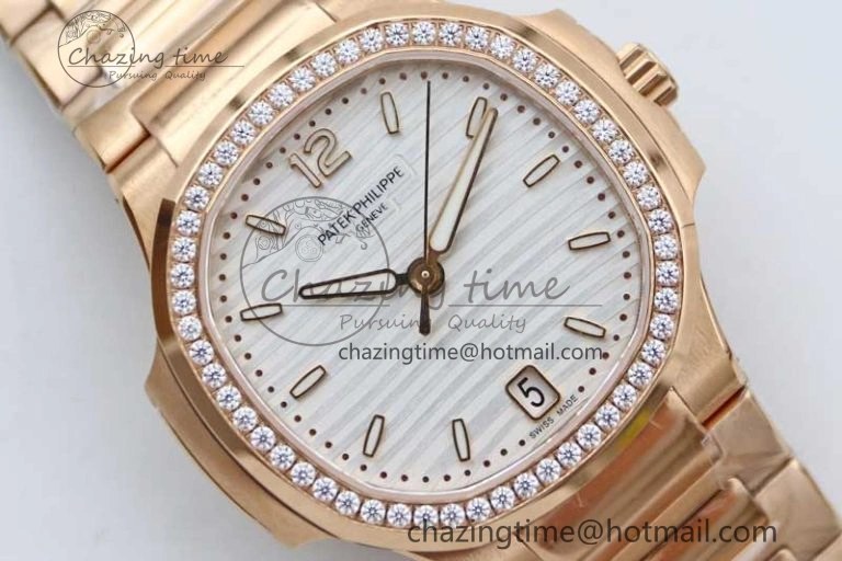 Nautilus 7118 Ladies RG MSF 1:1 Best Edition White Dial Diamonds Bezel on RG Bracelet A324 Super Clone