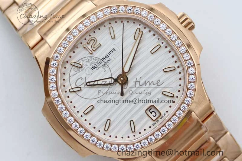 Nautilus 7118 Ladies RG MSF 1:1 Best Edition White Dial Diamonds Bezel on RG Bracelet A324 Super Clone