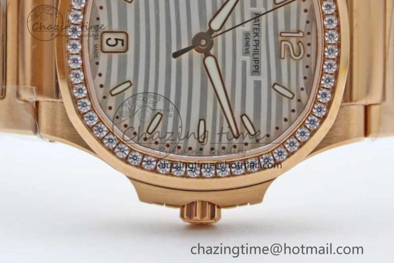 Nautilus 7118 Ladies RG MSF 1:1 Best Edition White Dial Diamonds Bezel on RG Bracelet A324 Super Clone