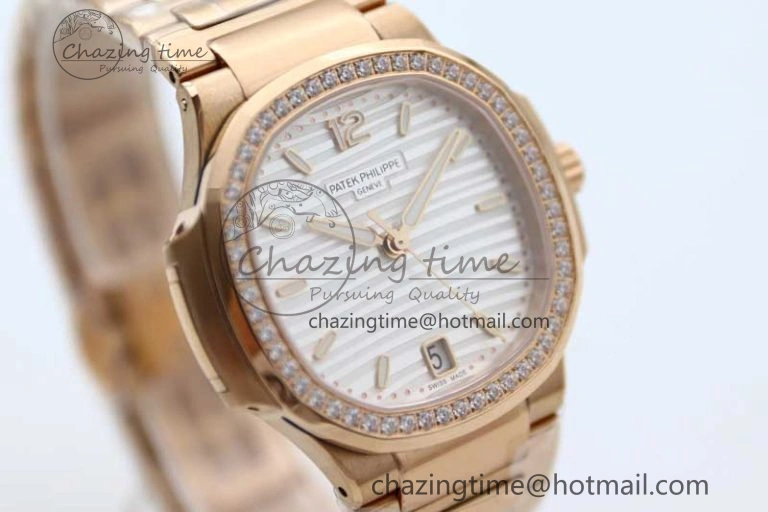 Nautilus 7118 Ladies RG MSF 1:1 Best Edition White Dial Diamonds Bezel on RG Bracelet A324 Super Clone