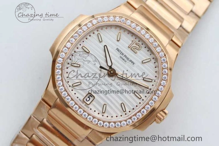 Nautilus 7118 Ladies RG MSF 1:1 Best Edition White Dial Diamonds Bezel on RG Bracelet A324 Super Clone