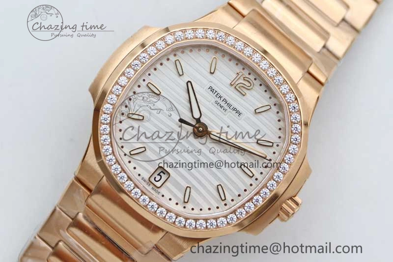 Nautilus 7118 Ladies RG MSF 1:1 Best Edition White Dial Diamonds Bezel on RG Bracelet A324 Super Clone