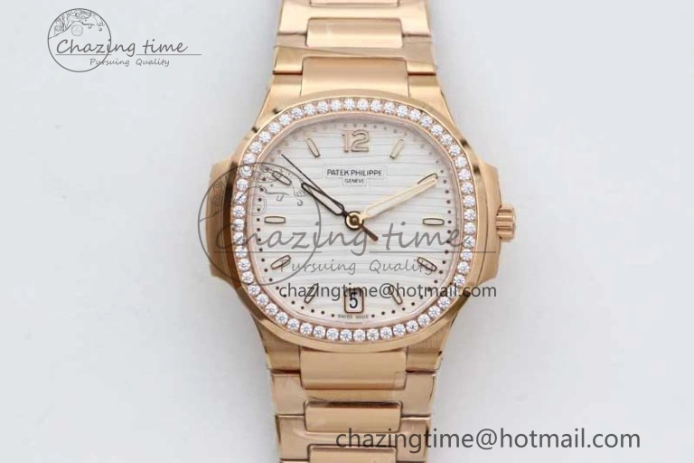 Nautilus 7118 Ladies RG MSF 1:1 Best Edition White Dial Diamonds Bezel on RG Bracelet A324 Super Clone