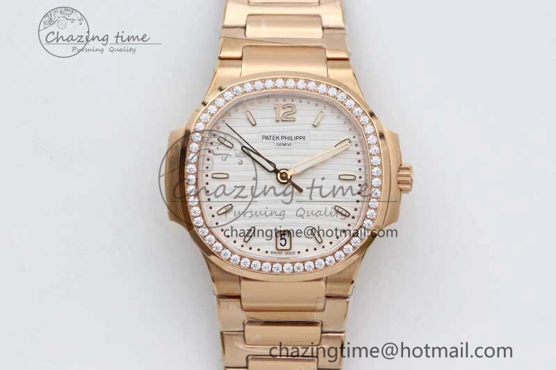 Nautilus 7118 Ladies RG MSF 1:1 Best Edition White Dial Diamonds Bezel on RG Bracelet A324 Super Clone