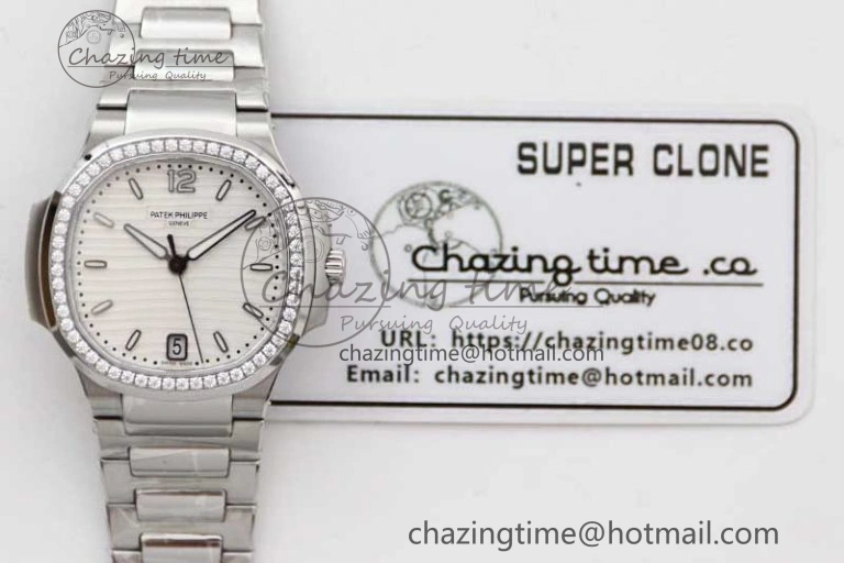 Nautilus 7118 1A MSF 1:1 Best Edition White Textured Dial Diamonds Bezel on SS Bracelet A324 Super Clone