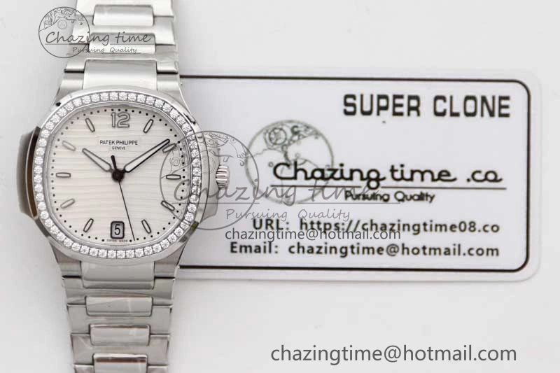 Nautilus 7118 1A MSF 1:1 Best Edition White Textured Dial Diamonds Bezel on SS Bracelet A324 Super Clone