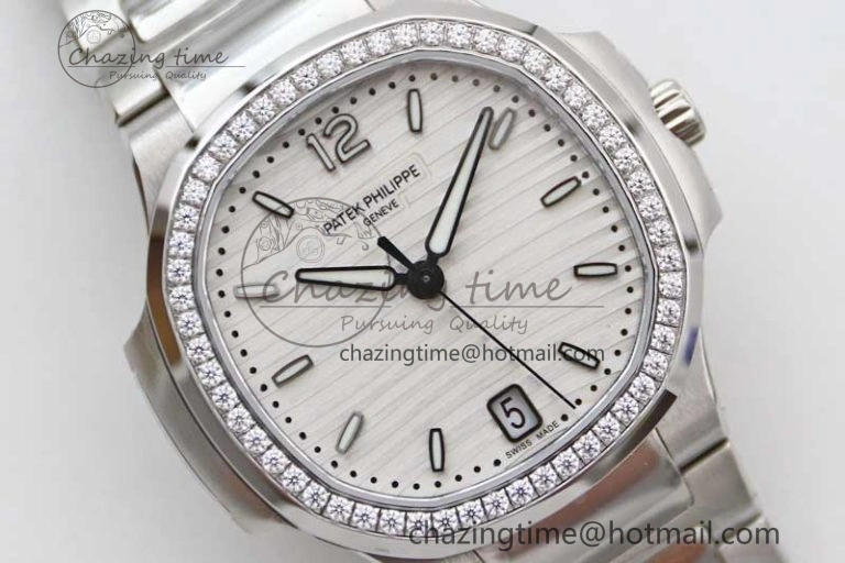 Nautilus 7118 1A MSF 1:1 Best Edition White Textured Dial Diamonds Bezel on SS Bracelet A324 Super Clone