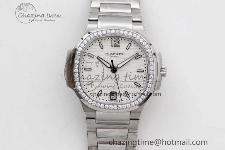 Nautilus 7118 1A MSF 1:1 Best Edition White Textured Dial Diamonds Bezel on SS Bracelet A324 Super Clone