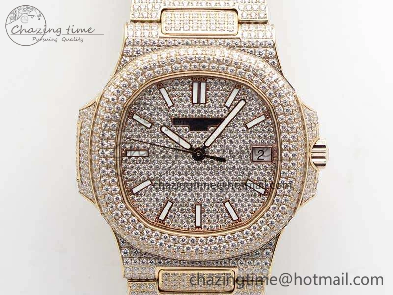 Nautilus Jumbo 5711 Full Paved Diamonds Case Diamond Dial On RG Full Paved Diamonds Bracelet A324