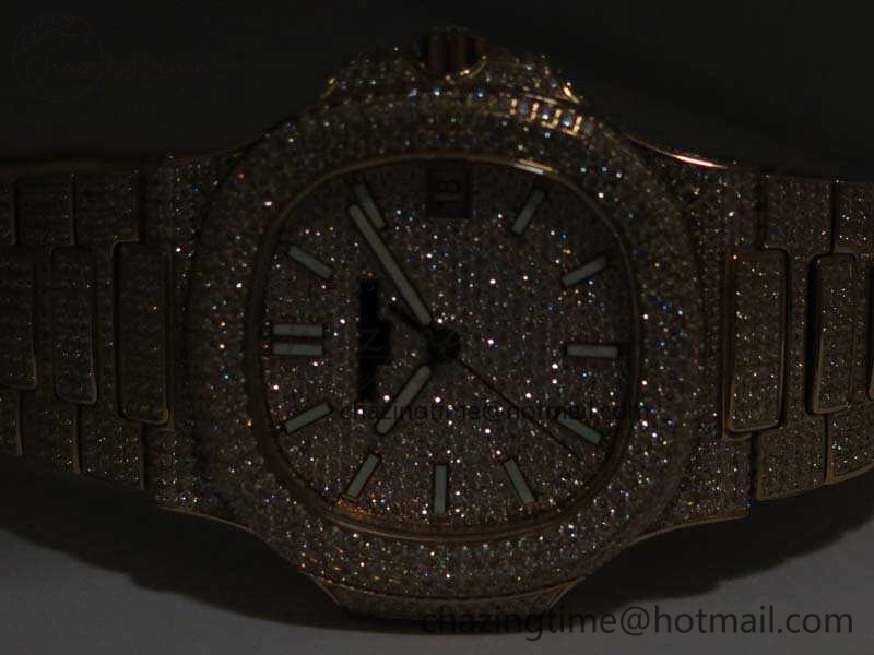 Nautilus Jumbo 5711 Full Paved Diamonds Case Diamond Dial On RG Full Paved Diamonds Bracelet A324