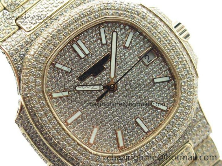 Nautilus Jumbo 5711 Full Paved Diamonds Case Diamond Dial On RG Full Paved Diamonds Bracelet A324