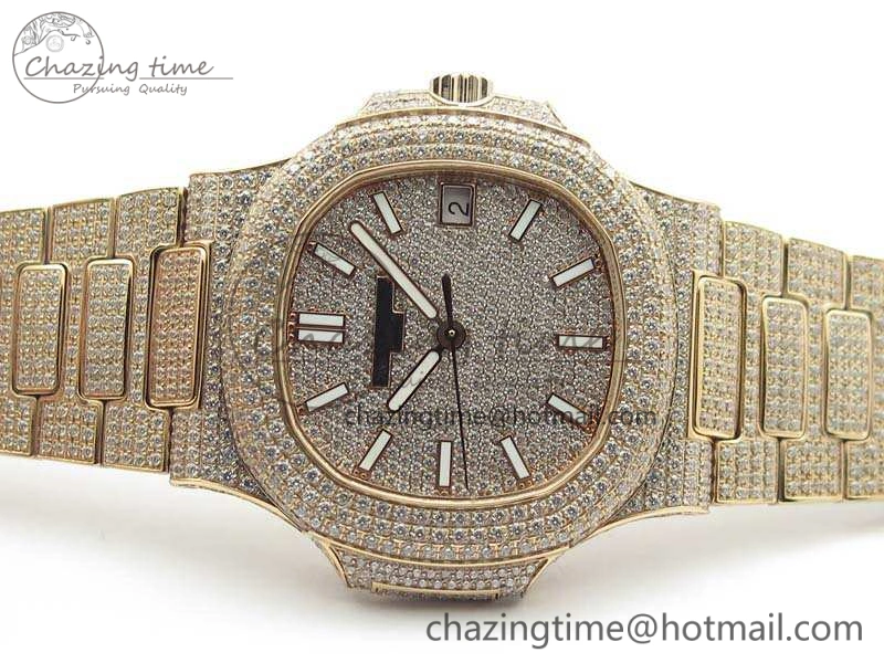 Nautilus Jumbo 5711 Full Paved Diamonds Case Diamond Dial On RG Full Paved Diamonds Bracelet A324