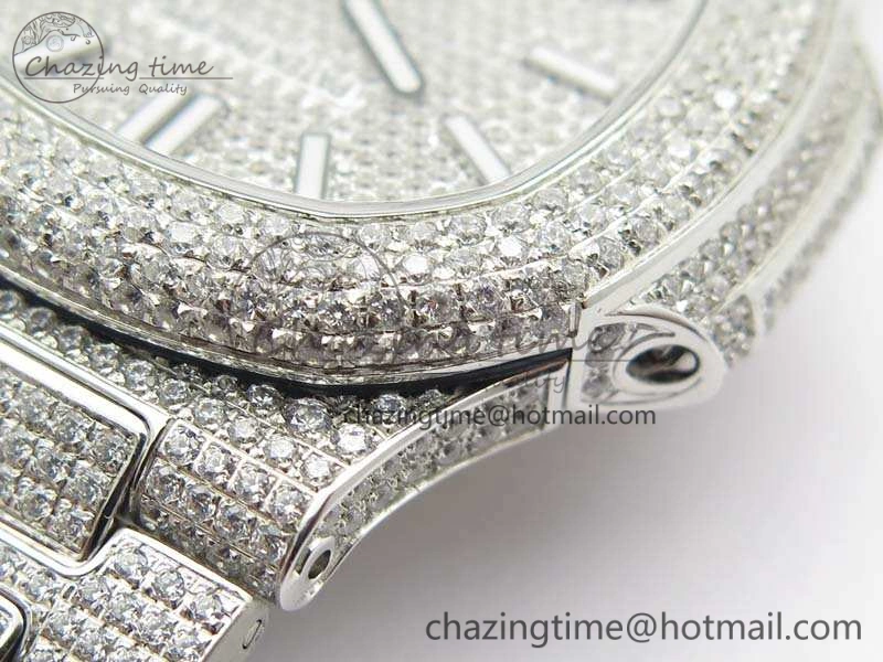 Nautilus Jumbo 5711 Full Paved Diamonds Case Diamond Dial On SS Full Paved Diamonds Bracelet A324