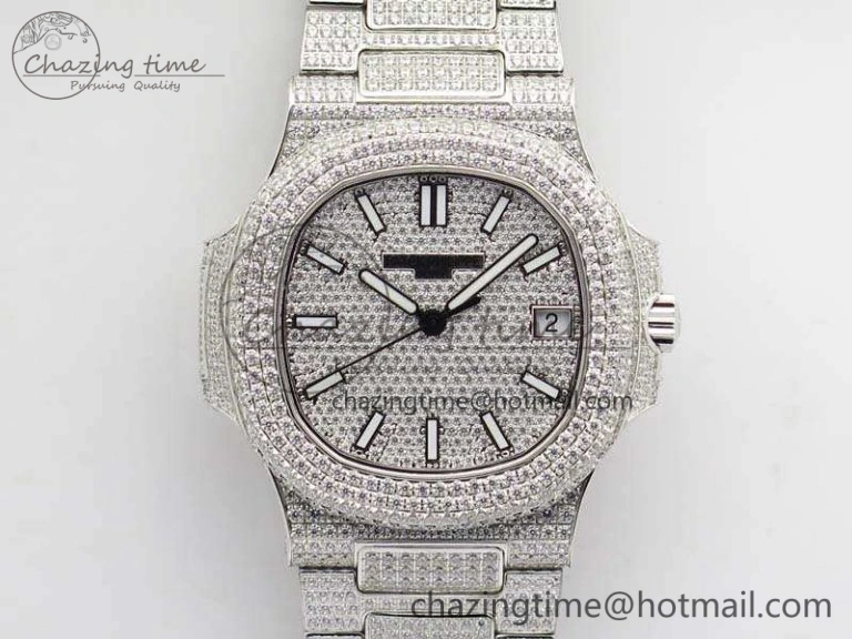Nautilus Jumbo 5711 Full Paved Diamonds Case Diamond Dial On SS Full Paved Diamonds Bracelet A324