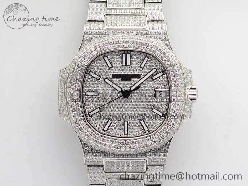 Nautilus Jumbo 5711 Full Paved Diamonds Case Diamond Dial On SS Full Paved Diamonds Bracelet A324