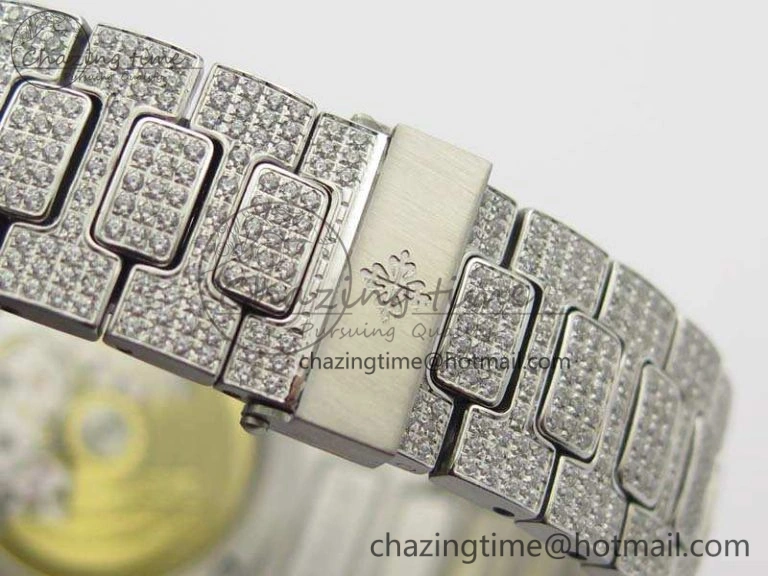Nautilus Jumbo 5711 Full Paved Diamonds Case Diamond Dial On SS Full Paved Diamonds Bracelet A324