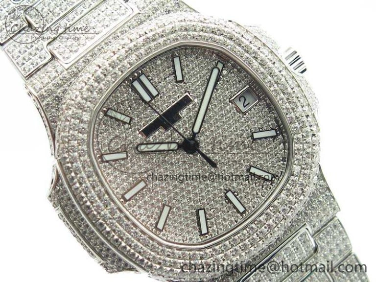 Nautilus Jumbo 5711 Full Paved Diamonds Case Diamond Dial On SS Full Paved Diamonds Bracelet A324