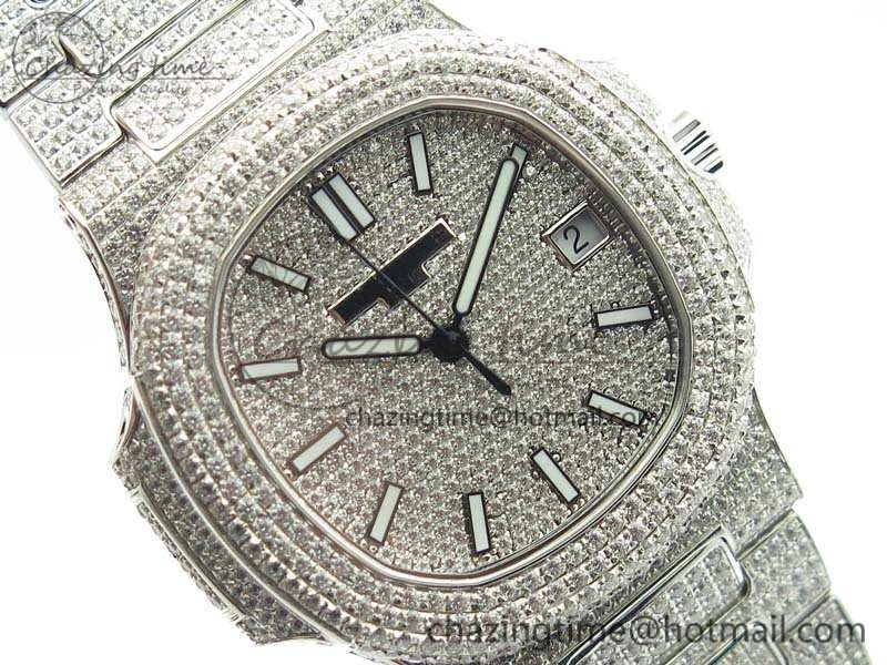 Nautilus Jumbo 5711 Full Paved Diamonds Case Diamond Dial On SS Full Paved Diamonds Bracelet A324
