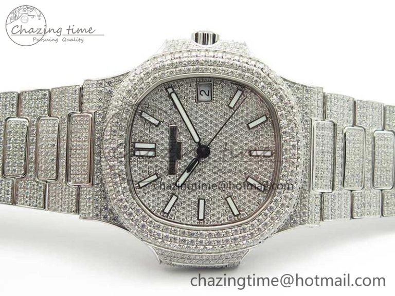 Nautilus Jumbo 5711 Full Paved Diamonds Case Diamond Dial On SS Full Paved Diamonds Bracelet A324