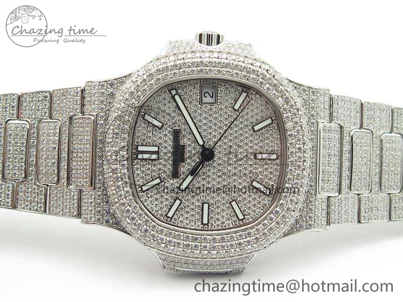 Nautilus Jumbo 5711 Full Paved Diamonds Case Diamond Dial On SS Full Paved Diamonds Bracelet A324