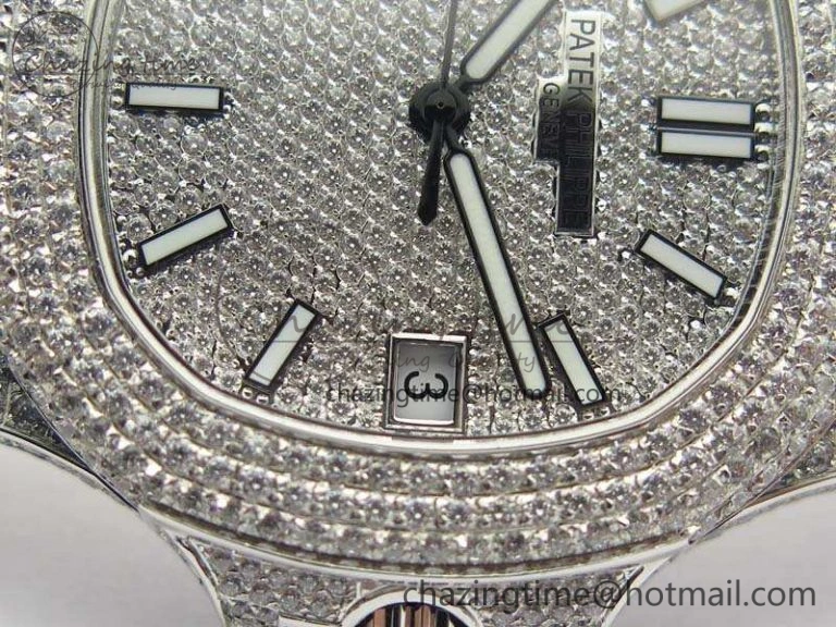 Nautilus Jumbo 5711 Full Paved Diamonds Case Diamond Dial On SS Full Paved Diamonds Bracelet A324
